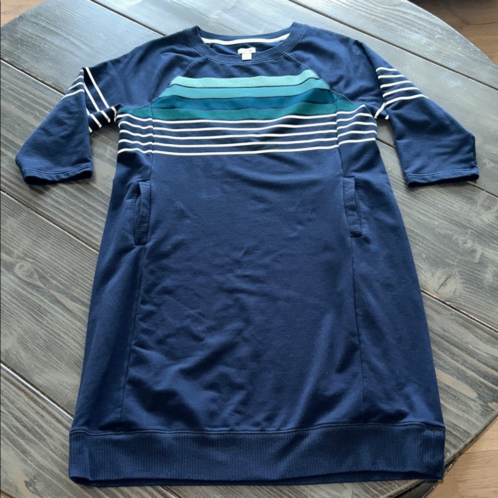 L.L. Bean Navy Blue Striped Casual Dress with Teal Accents